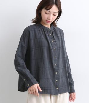 ウィンドウペン・チェックコットンギャザーブラウス(チャコール-ONESIZE)