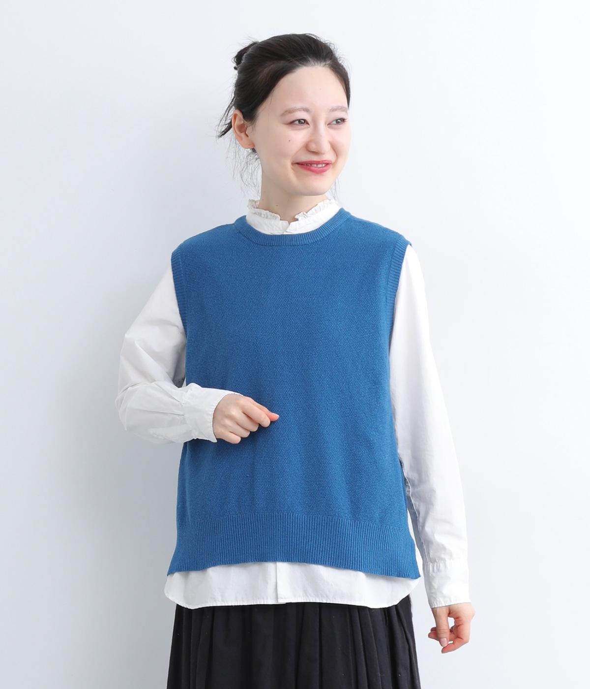 かのこ編み再生ポリエステルニット2wayベスト(ブルー-F)