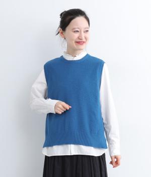 かのこ編み再生ポリエステルニット2wayベスト(ブルー-F)