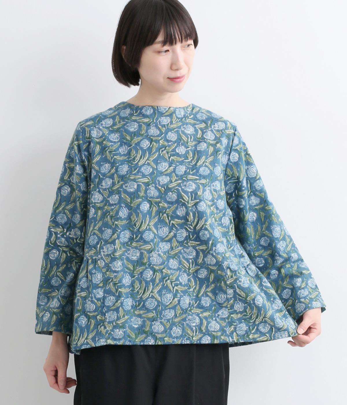 IROIROブロックプリント起毛コットン2wayブラウス(ブルー-F)