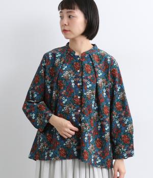 ブーケプリントコットンコーデュロイブラウス(ブルー-F)