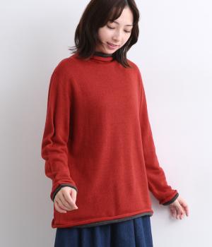 ホールガーメントロールボトルネック2枚重ねニットプルオーバー(レッド-F)