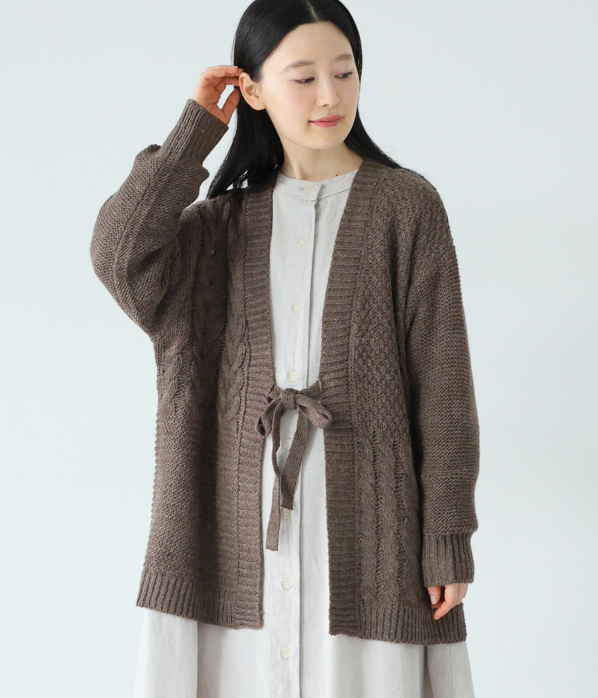 ウールブレンドケーブルニットカーディガン(ブラウン-F)