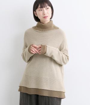 ホールガーメント2枚重ねオフタートル薄手ニット・プルオーバー