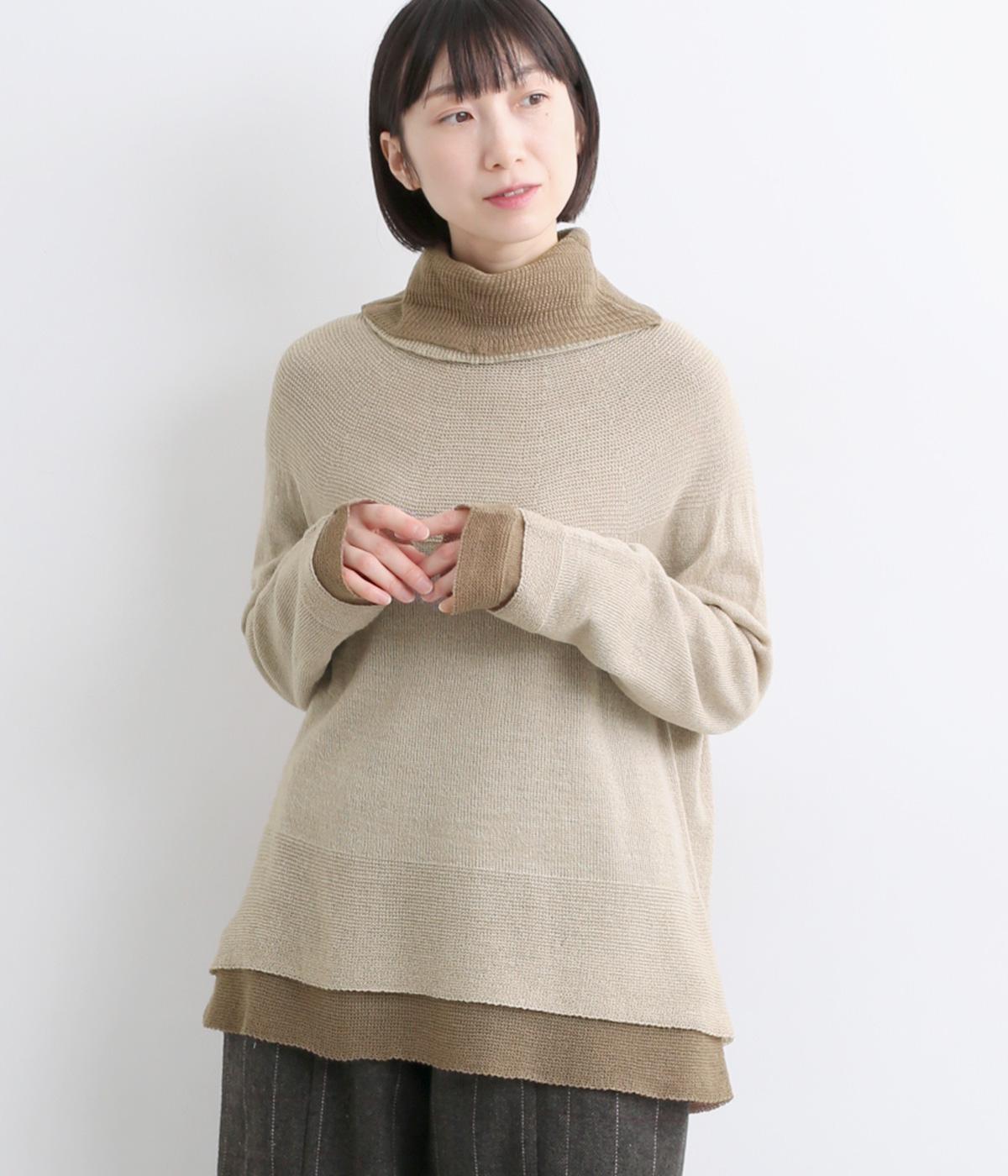 ホールガーメント2枚重ねオフタートル薄手ニット・プルオーバー(ベージュ-F)