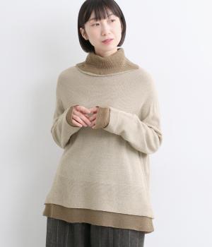 ホールガーメント2枚重ねオフタートル薄手ニット・プルオーバー(ベージュ-F)