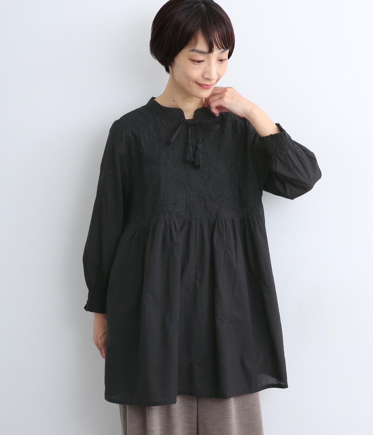 ラクノウ風刺繍コットンチュニック(ブラック-ONESIZE)