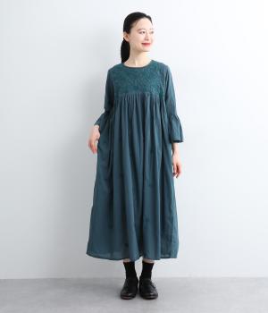 ラクノウ風刺繍コットンワンピース(ブルー-ONESIZE)