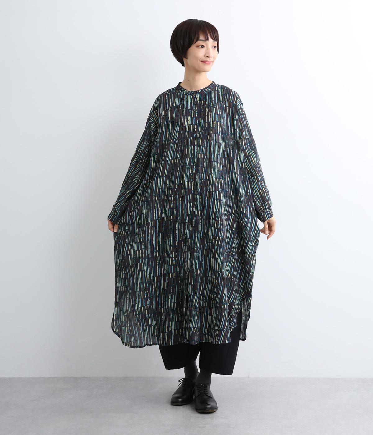 五月雨プリント・クレープコットンシャツワンピース(ネイビー-ONESIZE)