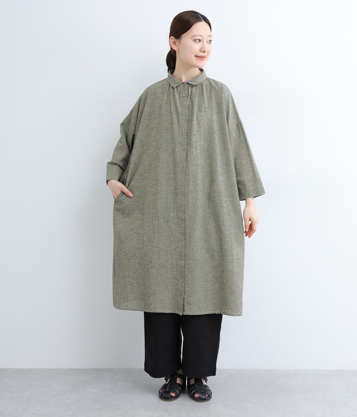 コットンリネンchidori-goushiギャザーシャツワンピース(ブラック-ONESIZE)