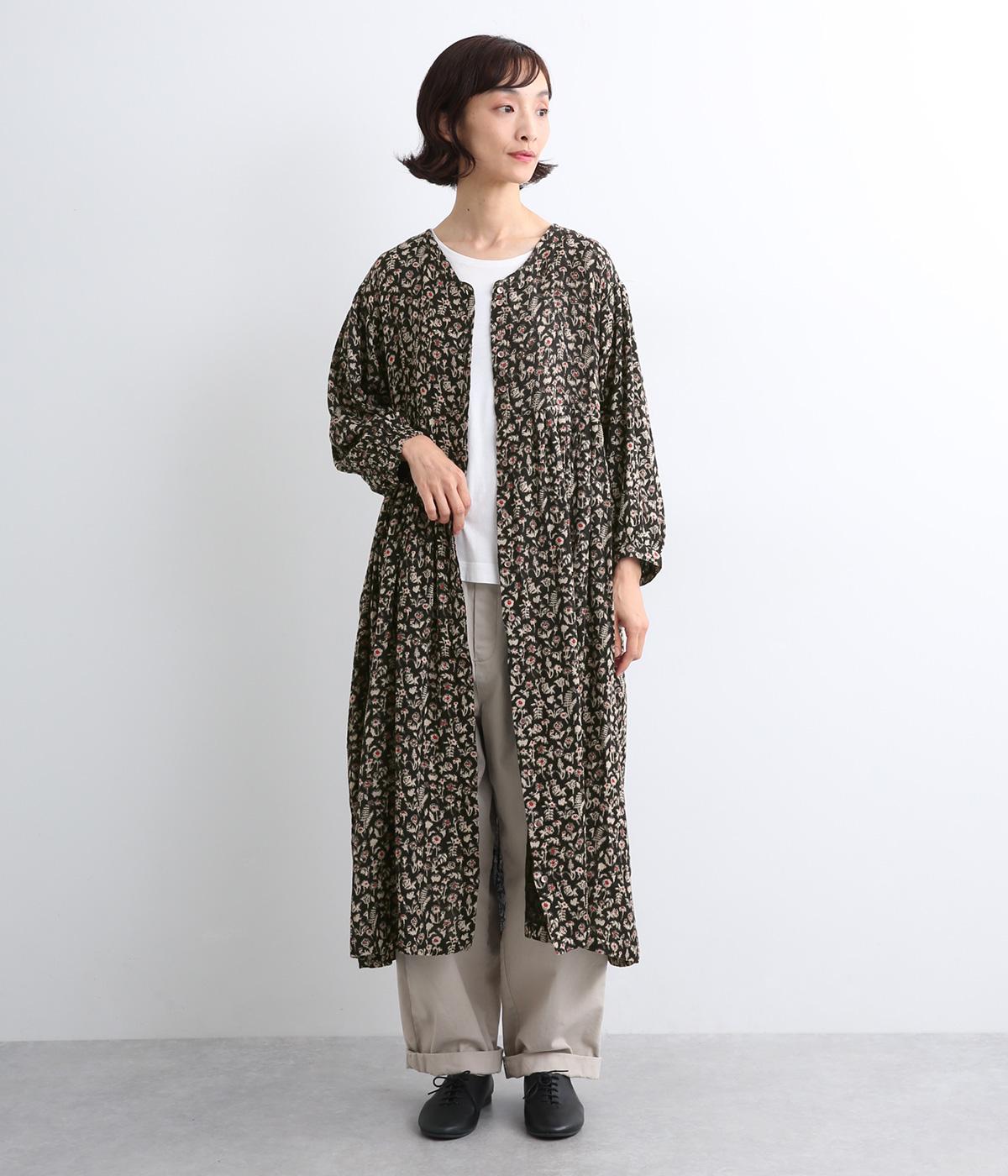 ボタニカルプリントコットンダブルガーゼ前開ワンピース(ブラック-ONESIZE)