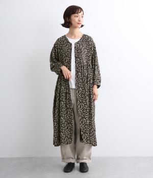 ボタニカルプリントコットンダブルガーゼ前開ワンピース(ブラック-ONESIZE)