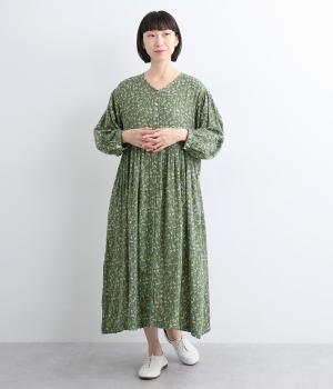 ボタニカルプリントコットンダブルガーゼ前開ワンピース(グリーン-ONESIZE)