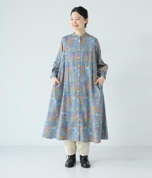 ガーデンプリントコットンコール前開ワンピース(ブルー-ONESIZE)