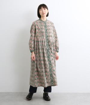 フローラルブロックプリントコットン前開ワンピース(グリーン-ONESIZE)