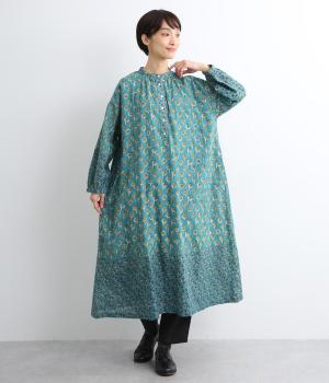 フラワーMIXプリントコットンワンピース(ブルー-ONESIZE)