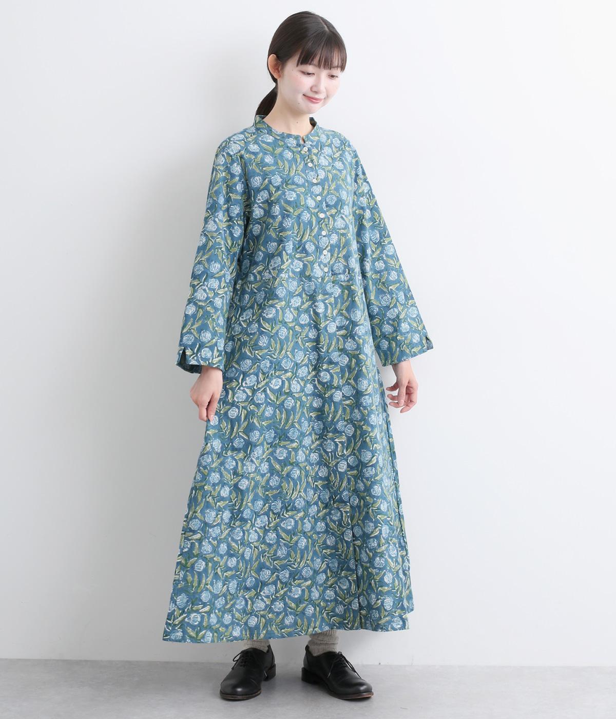 IROIROブロックプリント起毛コットン前開ワンピース(ブルー-F)