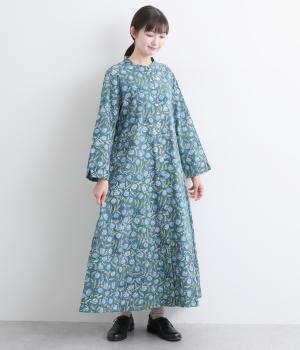IROIROブロックプリント起毛コットン前開ワンピース(ブルー-F)