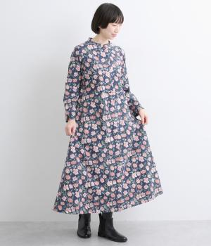 IROIROブロックプリント起毛コットン前開ワンピース(チャコール-F)