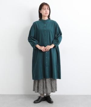 細畝コットンコーデュロイ前開ワンピース(ブルー-F)