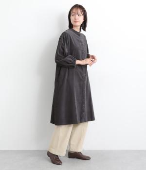 細畝コットンコーデュロイ前開ワンピース(チャコール-F)