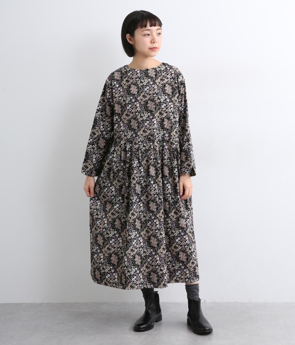 ブーケプリントコットンコーデュロイ2wayワンピース(ブラック-F)