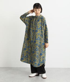 インドのお花プリント・ベビーコールシャツワンピース(マスタード-F)