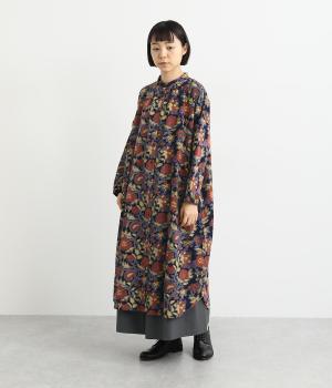 インドのお花プリント・ベビーコールシャツワンピース(ネイビー-F)