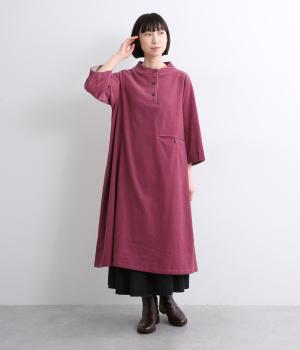 コーデュロイとお花ブロックプリントオフボトルネック・ワンピース(パープル-F)