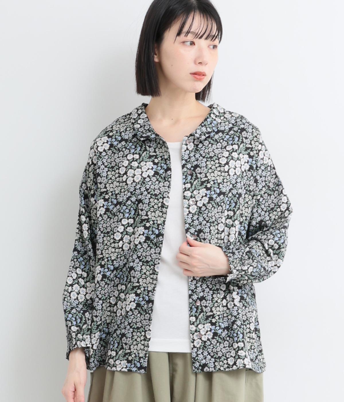 ガーデンプリントコットンサテン2wayブラウス(ブラック-F)