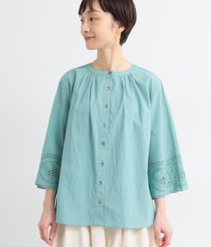 縁がかわいい刺繍コットン2wayブラウス(ブルー-F)
