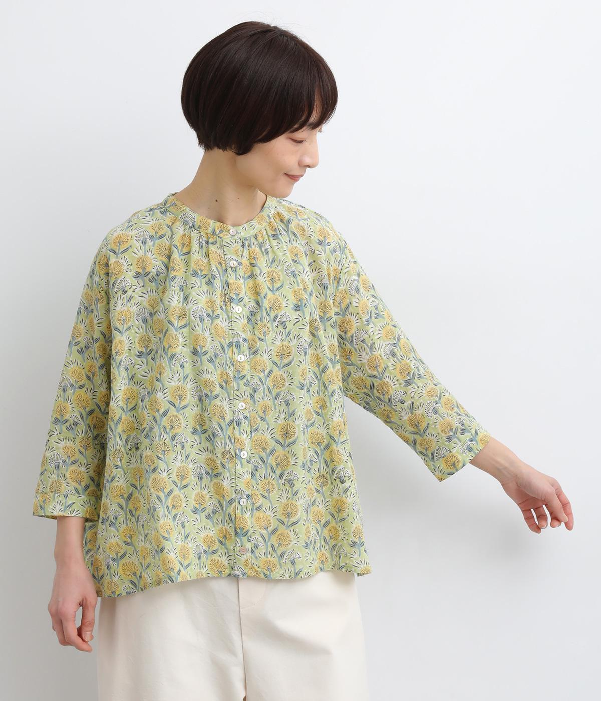 花々のブロックプリントコットンリネンブラウス(イエロー-F)