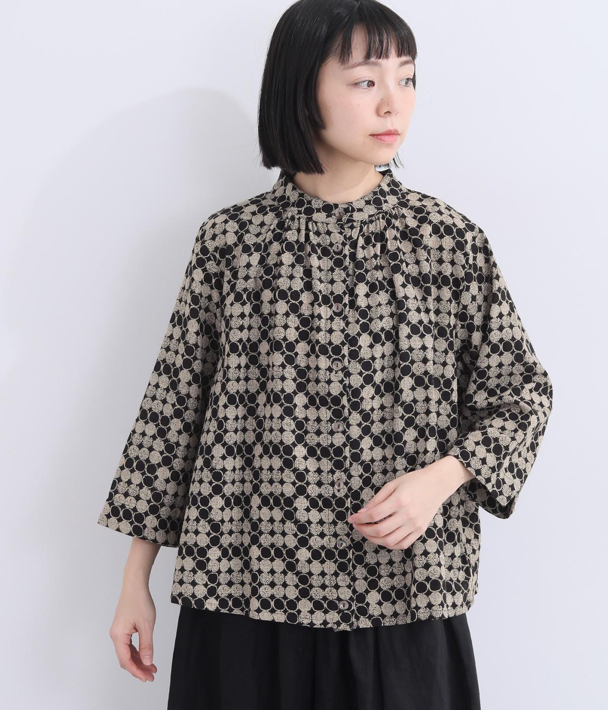 オーガニックコットン・碁石ドットプリントギャザーブラウス(ブラック-F)