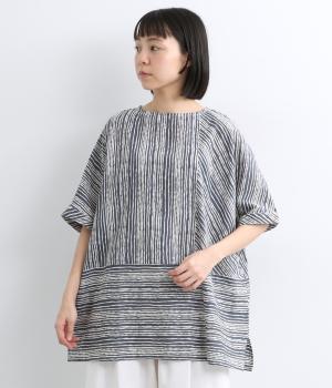 ゆれるストライププリントコットンチュニック(ブラック-F)