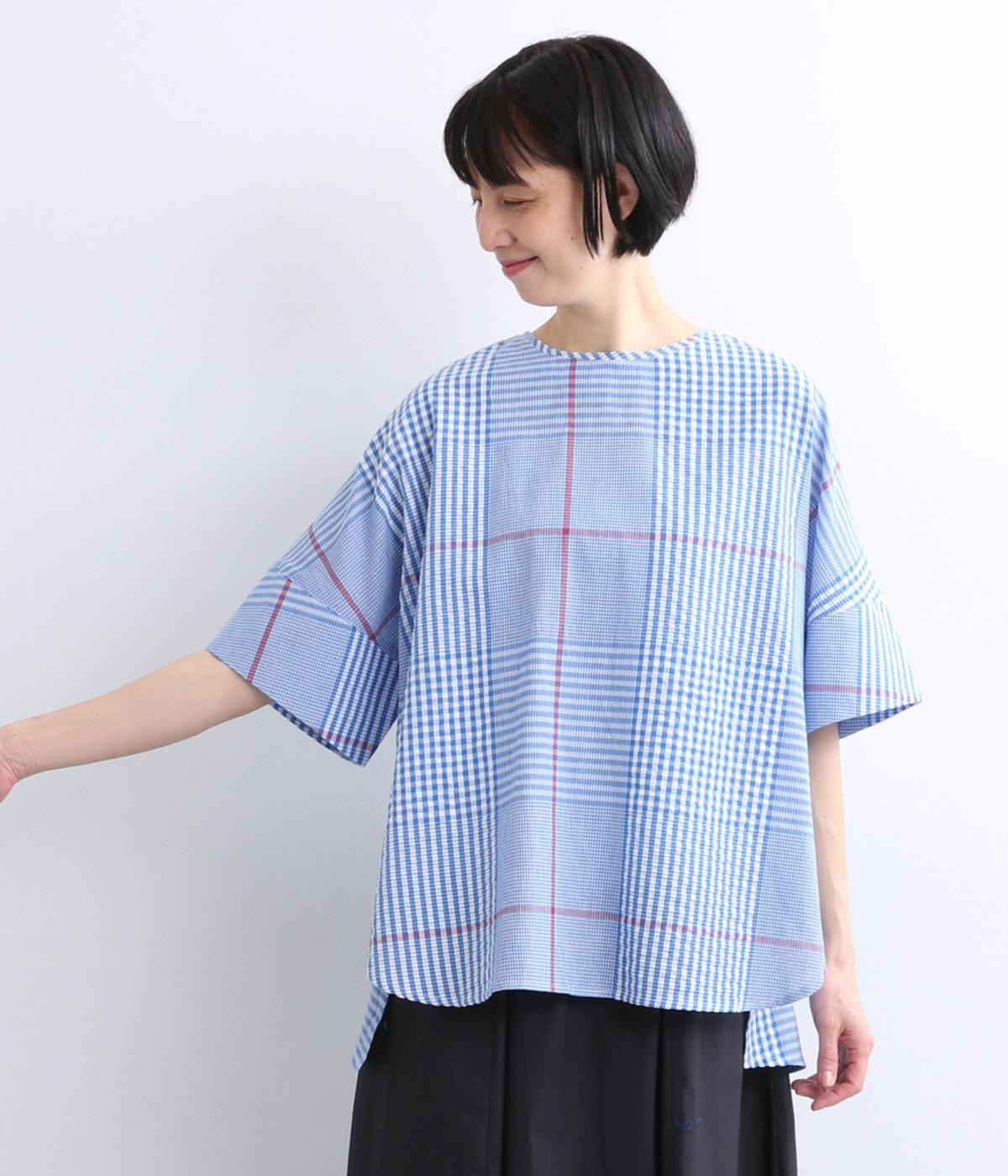 ラインを効かせたチェックコットンサッカーチュニック(ブルー-F)