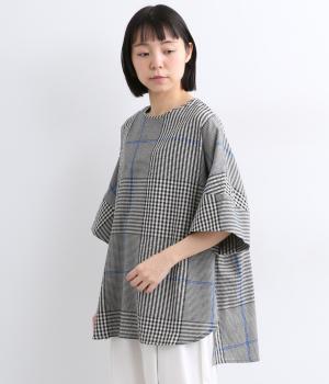 ラインを効かせたチェックコットンサッカーチュニック(ブラック-F)