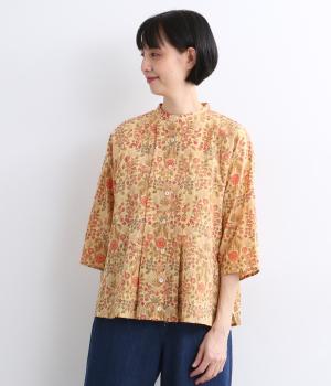 ヴィンテージのようなブロックプリントコットンブラウス(ベージュ-F)