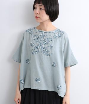 グラデーション刺繍コットンリネンブラウス(ブルー-F)