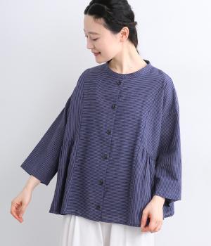爽やかピンストライプ・カディたてよこシャツチュニック(ネイビー-F)
