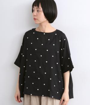ぷっくりドット刺繍コットンダブルガーゼブラウス(ブラック-F)