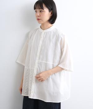 花刺繍生地組合せコットンロングシャツ(ホワイト-F)