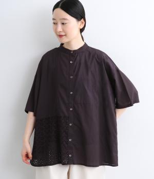 花刺繍生地組合せコットンロングシャツ(ブラック-F)