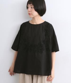 レイのようなお花・テープ刺繍ラフブラウス(ブラック-F)