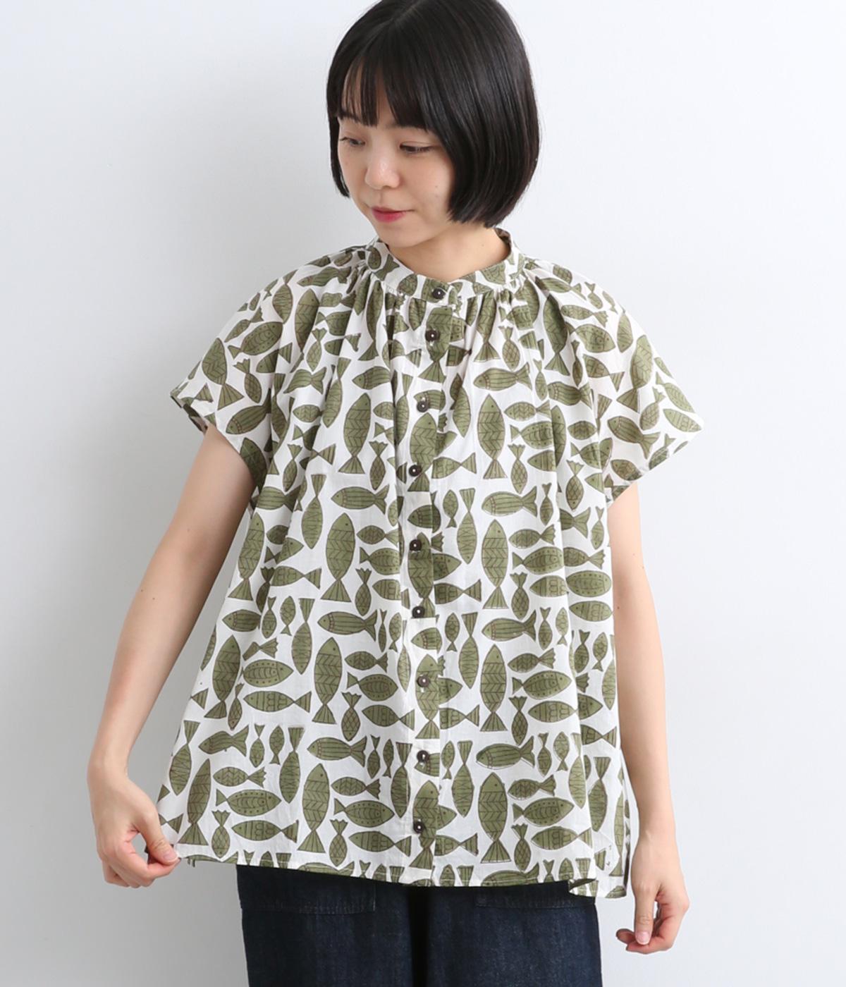 pur ブロックプリント 半袖ブラウス お魚ブロックプリントシャツブラウス｜TANABANA（タナバナ）の商品詳細