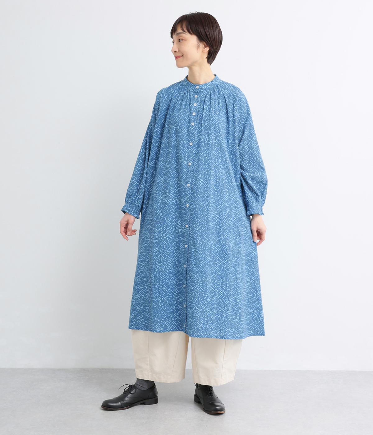 しずくドットプリントコットンサッカーシャツワンピース(ブルー-F)