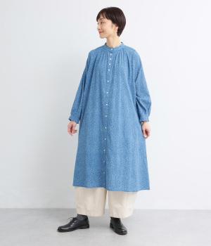 しずくドットプリントコットンサッカーシャツワンピース(ブルー-F)