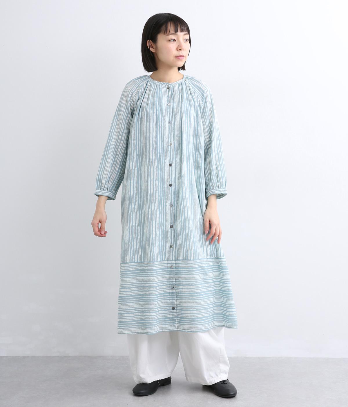 ゆれるストライププリントコットン前開ワンピース(ブルー-F)