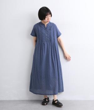 涼やかドットプリントコットンガーゼワンピース(ネイビー-F)