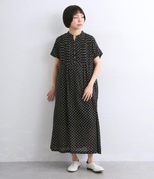 涼やかドットプリントコットンガーゼワンピース(ブラック-F)