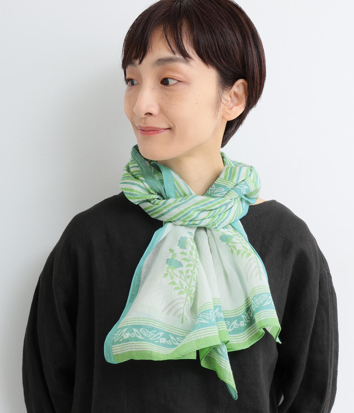 リーフ柄プリントショール(ブルー-F)